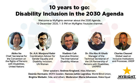 Inbjudan - Beskrivning: 10 years to go: Disability inclusion in the 2030 agenda Namn och foton på talare. Information om tid, plats och anmälan.