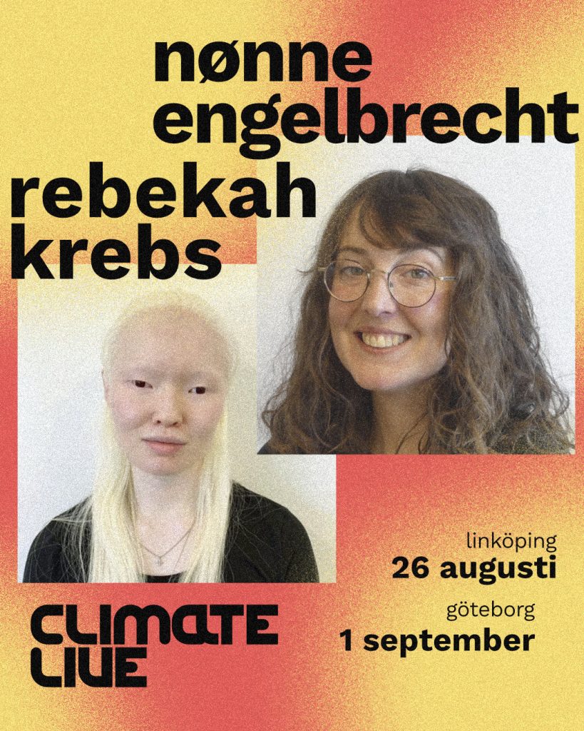En bild på Rebekah Krebs och Nønne Engelbrecht. På bilden finns även Climate Lives logga, samt datumet av konserten: 1 september