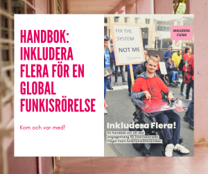 Bild på handbokens omslag samt texten Handbok: Inkludera Flera för en global funkisrörelse!