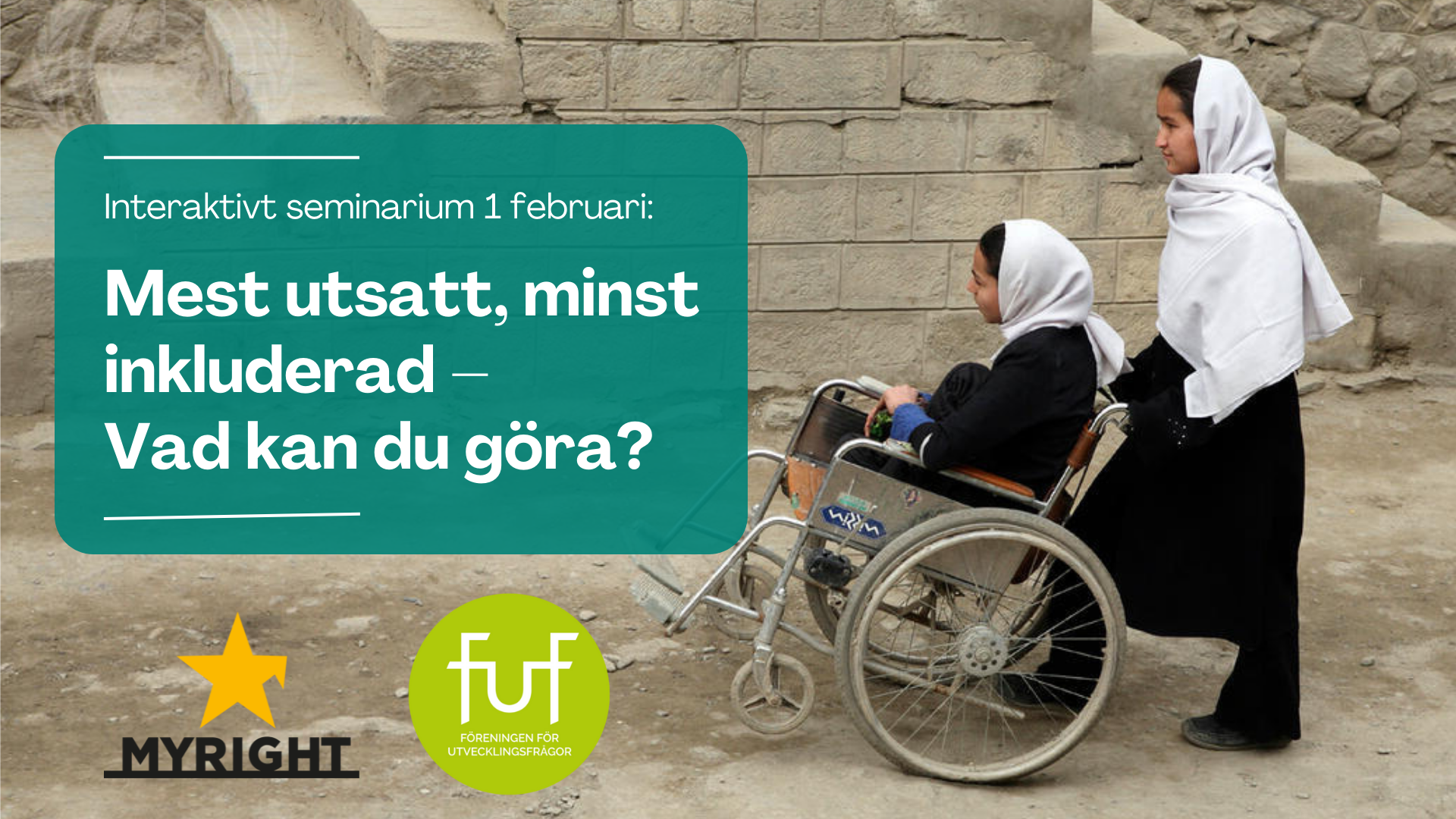 Banner showing the title and date of the seminar, as well as MyRights and FUF's logos. The background image shows two girls with shawls around their heads. One girl drives the other in a wheelchair.