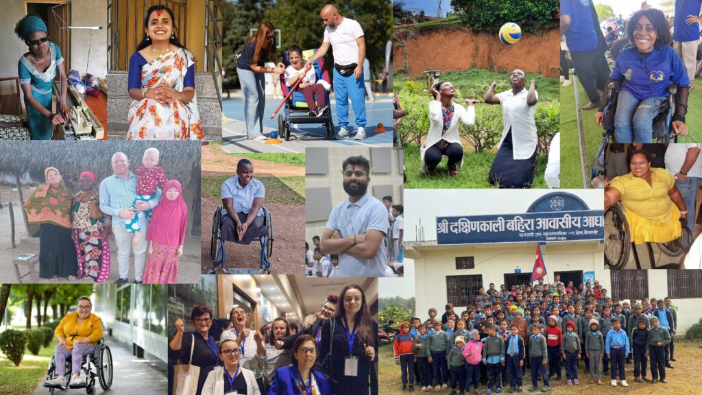 Ett kollage med 12 foton på människor och grupper av människor med olika synliga och osynliga funktionsnedsättningar.