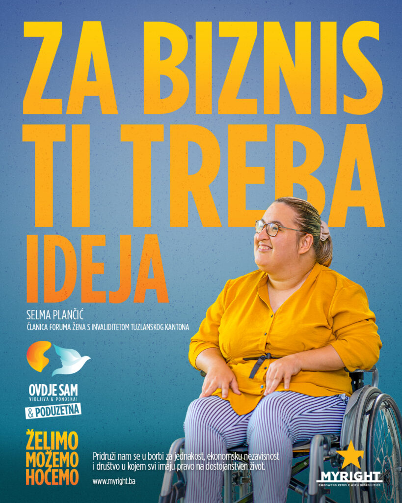 Kampanjbild för We Want, We can, We will. En kvinna sitter i rullstol.