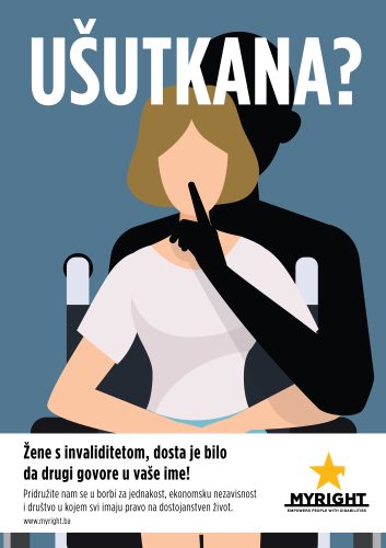 Kampanjbild från "Silenced" som visar en animerad kvinna som sitter i rullstol, bakom henne håller en person upp ett tystande finger framför hennes mun.